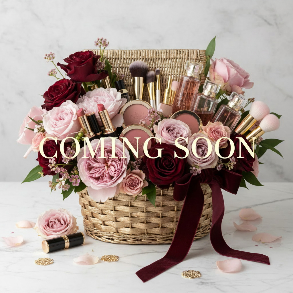 Basket of flowers and beauty products with 'Coming Soon' text on a light background