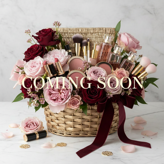 Basket of flowers and beauty products with 'Coming Soon' text on a light background